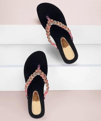 Image of ZAPATOZ Women's Floral Platform Sandals with Braided Gold Embellishment, Black Velvet Thong Slippers, Printed Sole Design