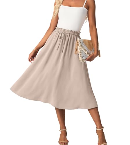 Women's Plus Sized Flowy Midi Skirt High Waisted Summer A-Line Casual with Pockets and Elastic Waist XXL Apricot