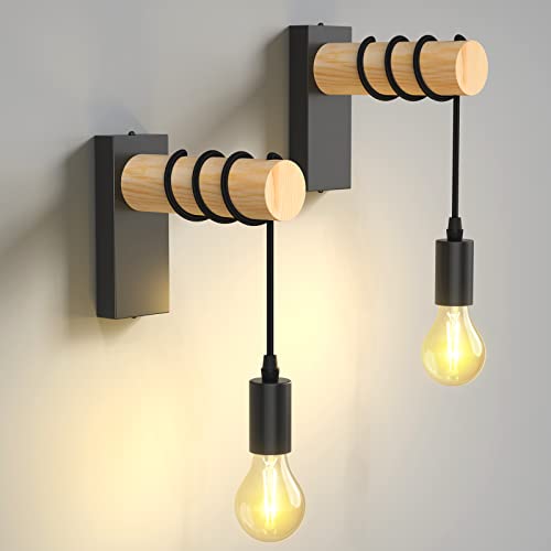 namito Applique Murale Interieur, Industrielle Métal et Bois Lampe Murale Vintage pour Chambre Salon Restaurant Cuisine Couloir Bar, E27, Noir, 220V, 2 Pièces