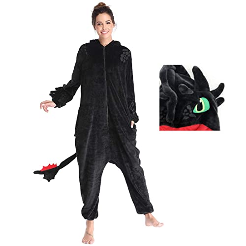 SINSEN Pijama de una pieza de dragón desdentado de franela para cosplay, animal de invierno, Navidad, Halloween, cosplay, ropa de hogar, Negro , S