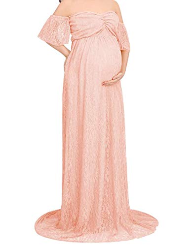 RICWINANN-Womens-Off-Shoulder-Ruffle-Sleeve-Lace-Maternity-Gown-Maxi-Photography-Dress-Peach-Pink-Medium