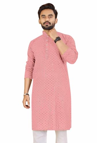Image of Men's Lakhnawi Chikankari Kurta Set Cotton Ethnic Kurta Pajama for Men Wedding Festive Designer Indian Outfit Stylish Embroidered Kurta Set