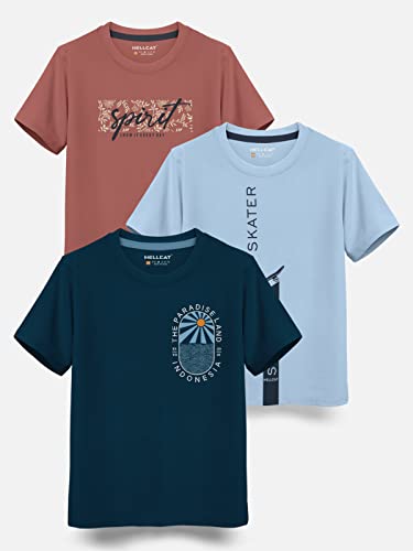 Image of HELLCAT Boys Round Neck Printed Blended Cotton Tshirt -Combo Pack of 2 - Orange /Blue