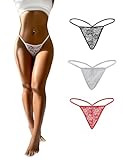 sunshinelady G String Tanga Damen Unterhosen 3er Pack Spitze Transparent Unterwäsche Frauen Große Größen Micro Bikini Low Waist Höschen T Back Dessous Curvy Thongs Women Underwear Schwarz Weiß Rot M
