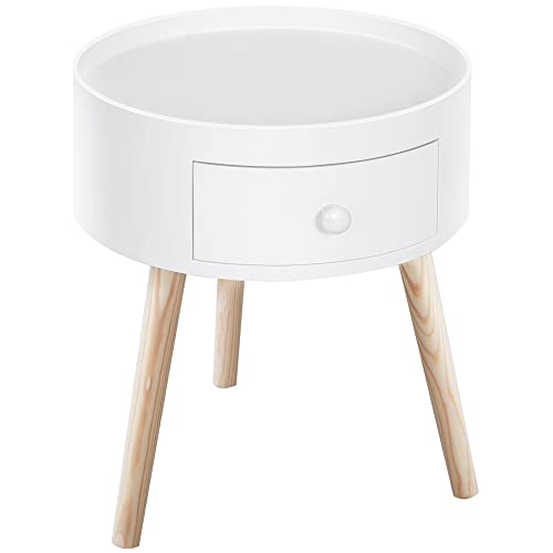 HOMCOM Table Basse - Table de Chevet - Table de Nuit Ronde - Design scandinave Table d'appoint Bout de canapé avec tiroir Pieds effilés inclinés Bois Massif chêne Clair Blanc