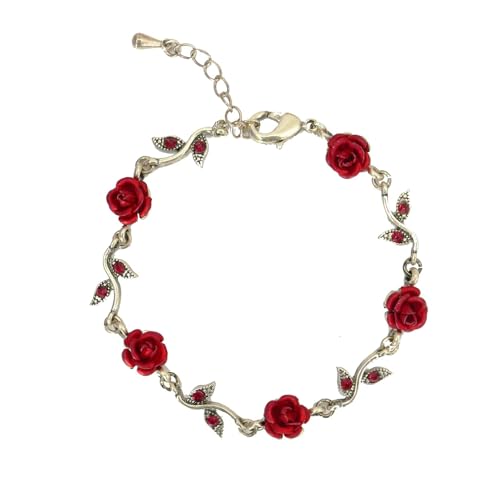 Rose Bracelets,Flower Bracelet for Women,Adjustable Red Rose Flower Link Charm Bracelet,Vintage Jewelry for Party Birthday Wedding Mother's Day Christmas Gifts