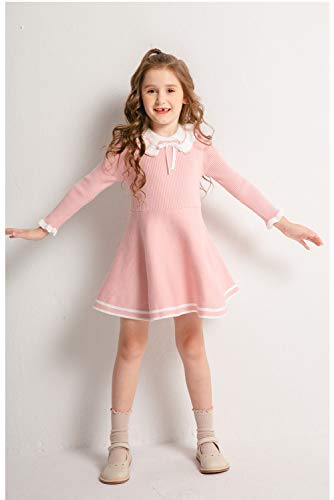 Smiling Pinker Toddler Girls Dresses Sweater Long Sleeve Winter Knitted Skater Dress Ruffle Collar (Pink, 7-8 Years) #TOP1