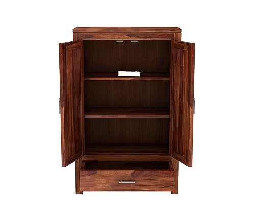 Image of Sheesham Wood Wooden 2 Door Wardrobe Organizer for Clothes | - Solid Wood Almirah with 1 Drawers, 3 Shelves - Cupboard for Large Bedroom (Design 10)