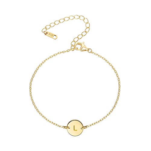 18K Gold Plated Stainless Steel Initial Bracelet Personalized Letter L Charm Bracelet Small Dainty Disc Monogram Name Bracelet for Women