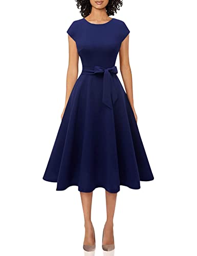 Women Casual Tea Dresses A Line Swing Vintage Cocktail Dress, Modest Church Formal Dress, Flared Bridesmaid Midi Spring Dress for Party Graduation Homecoming Wedding Guest Prom Navy L