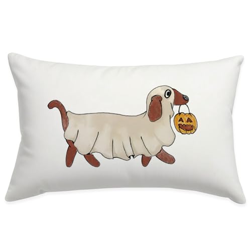 Wheatwin Dachshund Halloween Throw Pillows Cover 12x20, Ghost Dog Dachshund Halloween Decorations, Weiner Dog Funny Outdoor Indoor Throw Pillows Cases for Bedding Home Party Couch