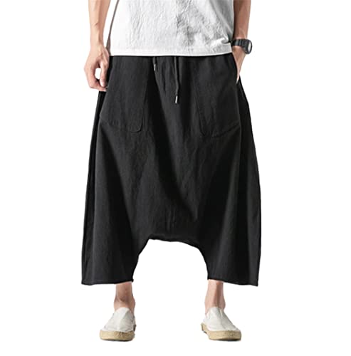 Pantalon large en coton et lin homme noir 3XL coupe ample léger
