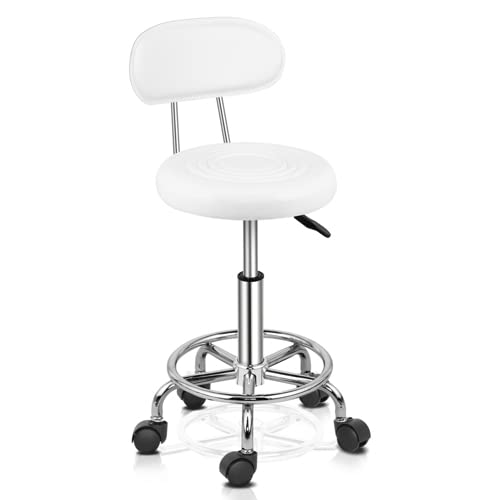 Bonnlo Adjustable Rolling Hydraulic Swivel Chair Stool with Backrest, 360-Degree Rolling Wheel, for Therapist Beauty Spa Hairdressing Massage Manicure Tattoo, White
