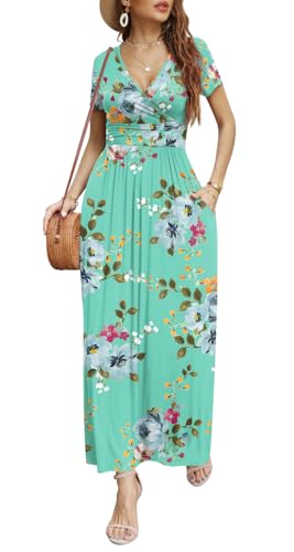 Image of CATHY Maxi Dresses for Women Short Sleeve V-Neck Casual Long Summer Wrap Dress with Pockets