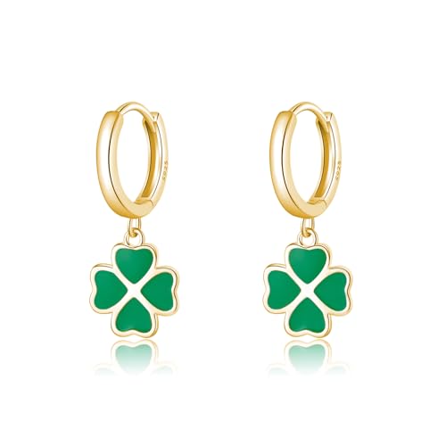 SLUYNZ Pendientes de aro de plata de ley 925 con trébol verde para mujer, diseño de trébol de cuatro hojas, para primavera y verano, S, Plata de ley, Sin piedra preciosa
