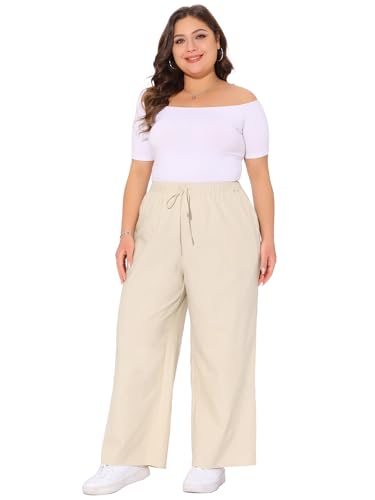 Agnes Orinda Plus Size Women's Cotton Linen Summer Palazzo Pants Drawstring Relaxed Fit Wide Leg Trousers with Pockets3