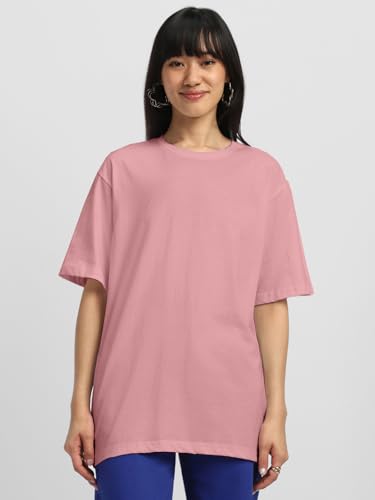 Image of JUNEBERRY Pure Cotton Oversized Baggy Fit Half Sleeve Drop Shoulder Plain Solid Round Neck T-Shirt for Women (Available in Black, White, Lilac, Cork, Maroon, Royal Blue, Swan White, Soap Nut Colors)