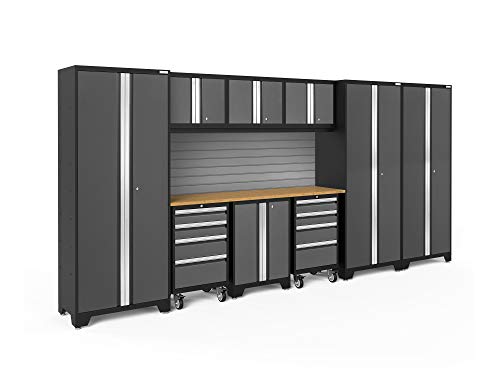 Image of ‎‎‎NewAge Products Garage Cabinets Bold Series Gray 10 PC Set (72 inch Bamboo Worktops, Backsplash Kits, 2 Rolling Tool Drawer, Two-Door Base, 3 Wall Cabinets, 3 Multi-Use Lockers), 56029