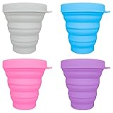 LoNinLoAn Silicone Foldable Cups, 4 Pcs Collapsible Cups with Lid, BPA Free Reusable Collapsible Travel Mugs for Picnic, Camping, Outdoor Hiking Travel(Grey, Blue, Pink, Purple)