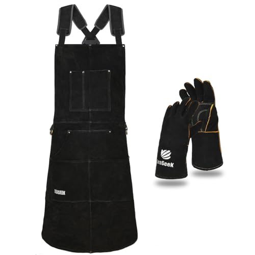 LeaSeek Leather Welding Apron,Heat & Flame-Resistant Heavy Duty Work Apron with 6 Pockets