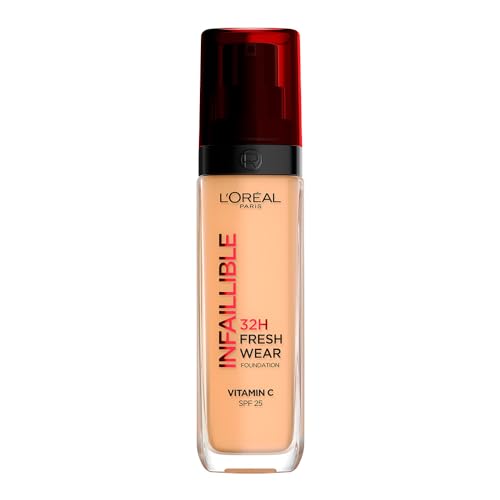 Rostro, Beauty L’Oréal Paris, base de maquillaje de alta cobertura luminosa y larga duración, Infallible 32h Freshwear, tono 235 Honey, 30ml