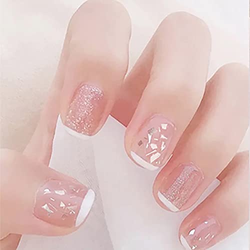 Ursumy French Fake Nail Tips Pink Short Square Press On Nails With Design Glossy Bling False Nails Artificials Nails Full Cover Acrylic Nails Manicure For Women And Girls (24Pcs) #TOP4
