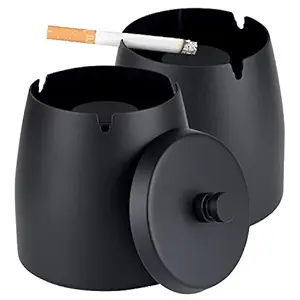 Outdoor Cigarette Ashtray with Lid Smokeless Stainless Steel Ash Trays Covered Windproof Smell Proof Ashtrays for Outside Patio (Black, Large, Pack of 2)