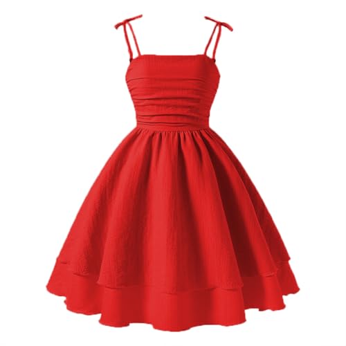 IBTOM CASTLE Little Girls Summer Spaghetti Straps Smocked Ruched A Line Swing Dress Princess Birthday Pageant Formal Party Double Layered Flowy Dresses Homecoming Dress for Teens Red 10 Years