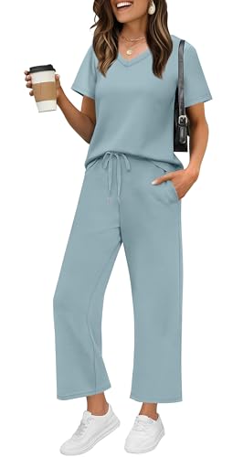 Image of WIHOLL 2 Piece Sets for Women Summer Lounge Set Wide Leg Pants Matching Set Vacation Travel Outfits Beach Clothing