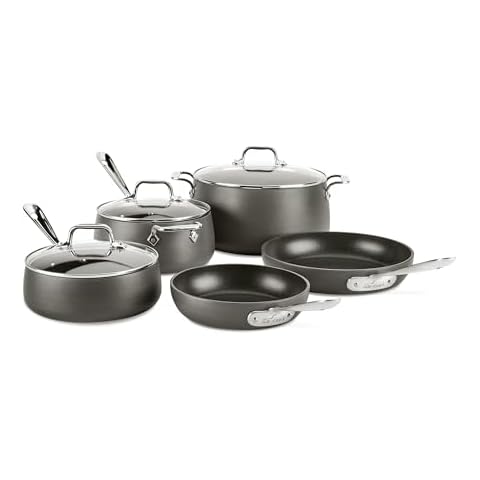 All-Clad HA1 Hard Anodized Non Stick Cookware Set 8 Piece, Induction, Oven Broiler Safe 500F, Lid Safe 350F, Kitchen Cooking Set w/ Frying Pans, Sauce Pans, Stockpot, Pots and Pans Set Non Stick Black Cover