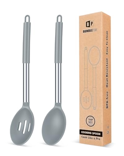 Pack of 2 Large Silicone Cooking Spoons,Non Stick Solid Basting Spoon,Heat-Resistant Kitchen Utensils for Mixing,Serving,Draining,Stirring (GREY)