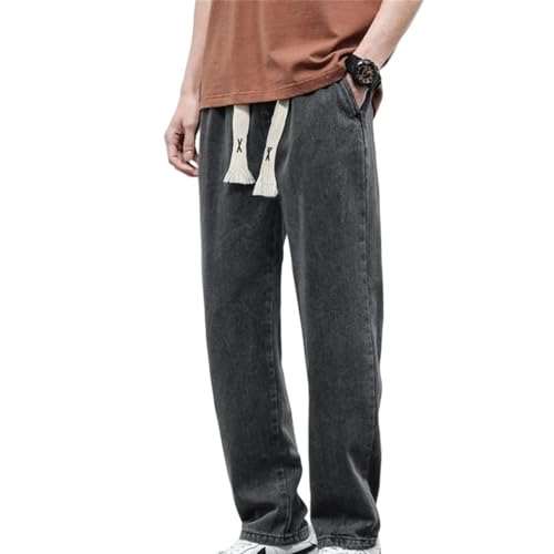 Men's Cotton Jeans Spring Summer Soft Drawstring Straight Denim Pants Vintage Casual Trousers