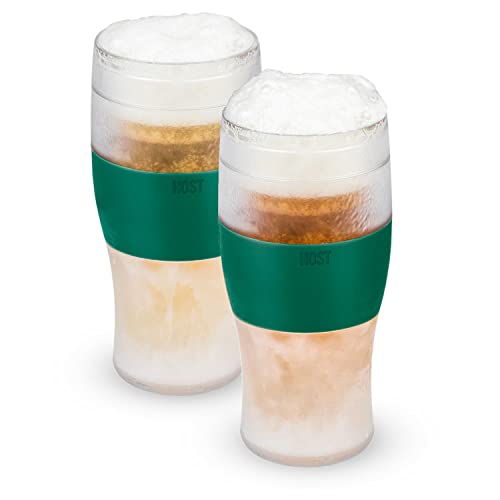 Host FREEZE Beer Glasses, Frozen Beer Mugs, Freezable Pint Glass Set, Insulated Beer Glass to Keep Your Drinks Cold, Double Walled Insulated Glasses, Tumbler for Iced Coffee, 16oz, Set of 2, Green