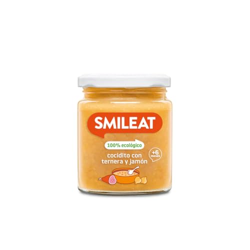 Smileat - Tarrito infantil de Cocidito con Ternera y Jamón - para Peques +6 Meses - Sin Azúcar ni Sal Añadido - Materia Prima de Calidad. Textura Suave y Fácil de Comer - 230g
