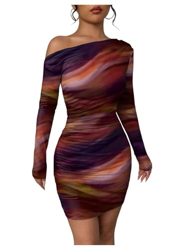 Image of RoseSeek Women's Off Shoulder Ombre Tie Dye Bodycon Dress Long Sleeve Slim Fit Pencil Mini Dresses