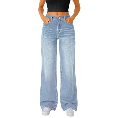 Wide Leg Jeans Woman Stretchy High Waisted Jeans Loose Straight Leg Blue Jean Boyfriend Jean with Pockets3