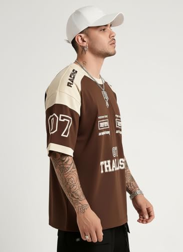 Image of THALASI Men Cotton Jersey Aesthetic Oversized T shirts for Men | Sports Jerseys T-shirts & Half Sleeve Round Neck Printed Tshirt for Mens - Down Shoulder Loose & Baggy Fit Korean T shirt for Man & Boy