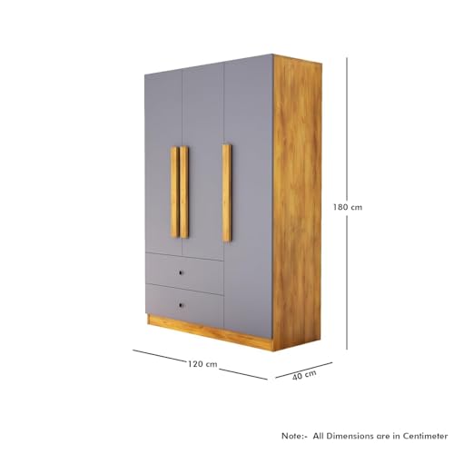 Image of Bniture Wooden Almirah for Clothes, Door for Bedroom, 3 Door Wardrobe with 2 Drawer & Hanging Space (40D x 120W x 180H CM) | 3 Year Warranty (Slate Grey)