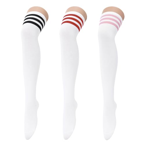 Image of Century Star 3 Pairs Thigh High Socks for Women Over the Knee High Socks Triple Stripe Long Stockings Thigh Highs Leg Warmer