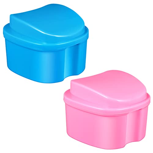 GANAZONO 2 piezas Caja de Almacenamiento para Dentaduras Postizas Estuche de Viaje Conveniente Diseño y Seguro Protección y Limpieza para Prótesis Color Azul y Rosa
