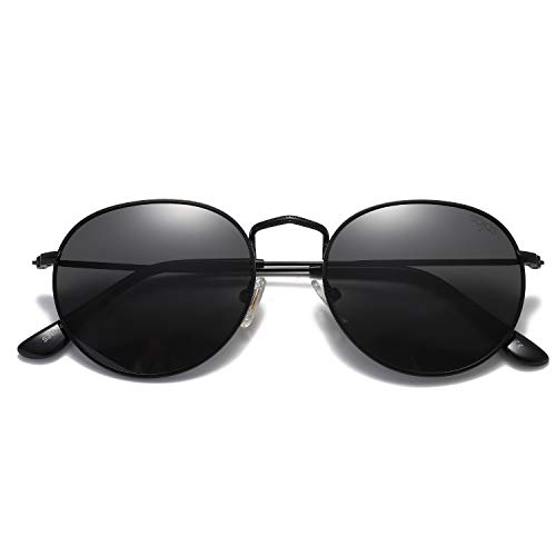 SOJOS Polarized Sunglasses Classic Small Round Metal Frame for Women Men SJ1014 with Black Frame/Grey Lens