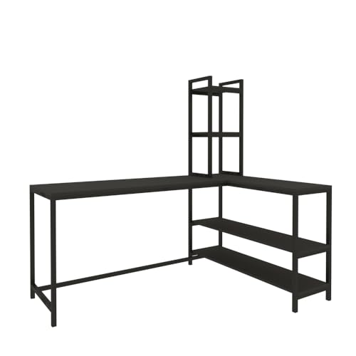 Image of Klaxon L Shaped Study Table for Students and Adults, Corner Computer Desk with Tower Shelf, Home Office and Gaming, Wood and Metal Frame, 162.5 x 112.5 cm, Full Black, DIY (English Black WOI)