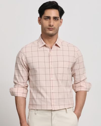 Image of MUFTI Men Smart Casual Shirt | Slim Fit Full Sleeve Spread Collar Windowpane Checks | Cotton Linen Blend Button Placket with Embroidery for Office Wear