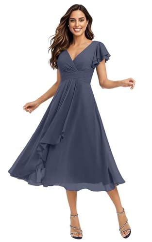 Women's Short Chiffon Bridesmaid Dress with Ruffles Flutter Sleeve V-Neck Cocktail Formal Gowns 2025 with Pockets