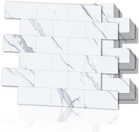 LONGKING 10-Sheet Peel and Stick Backsplash for Kitchen, PVC Stick on Tile for Bathroom Vanities, Kitchen Backsplash, Retro/Rustic Style Wall Décor in White-Marble
