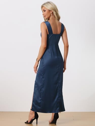 Allegra K Satin Dress for Women\'s Ruched Front Elegant Wedding Guest Wide Straps Party Split Maxi Dresses Small Navy Blue - Thumbnail 3