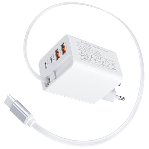 5 in 1 GaN USB C Ladegerät mit Einziehbarem Kabel 3 USB C + 2 USB A Schnellladegerät USB Netzteil USB Adapter für iPhone 17 Pro Max 16/15/14 Galaxy S25 Ultra/S24 iPad Tablet Handys