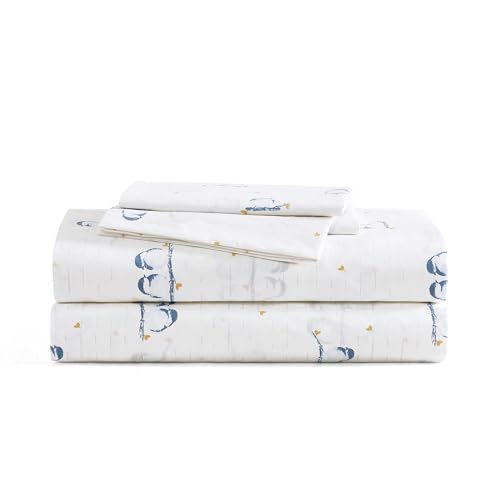 Image of Poppy & Fritz - Full Size Sheet Set, 100% Long-Staple Percale Cotton Bedding, Crisp & Cool, Deep Pockets, Bed Sheets with Matching Fitted Sheet & Pillowcases (Tweet Tweet Birds Blue)