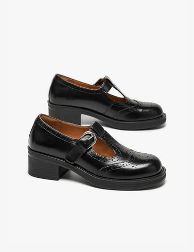 Image of BEAU TODAY Oxford Shoes for Women, Mary Jane Shoes for Women T Strap Leather Wingtip Brogue, Chunky Heel Comfortable Non Slip Dress Work Shoes