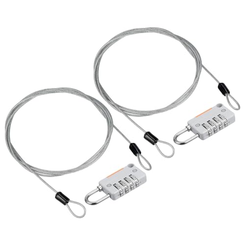 Image of PATIKIL Security Steel Cable with 4 Digit Combination Lock, 2 Set 4.9Ft Coated Safety Wire Rope Double Loop Padlock for Outdoor Travel Luggage, Gray